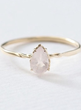 S925银镀14K金水滴粉晶戒指