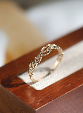 925纯银镀14K金素金镂空枝叶戒指