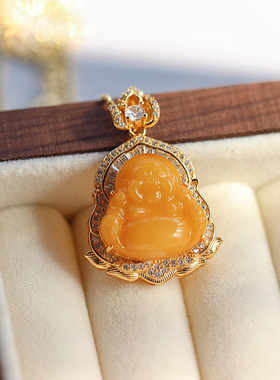 天然鸡油黄蜜蜡佛公吊坠