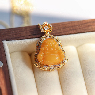 天然鸡油黄蜜蜡佛公吊坠笑口常开弥勒佛项链正品老蜜蜡S925银