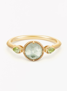 春季新品日系小清新S925银镀金14k金天然绿橄榄绿紫晶戒指百搭女