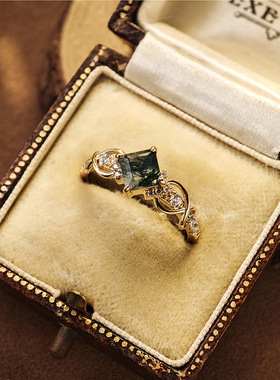 复古方形水草玛瑙925银镀金戒指