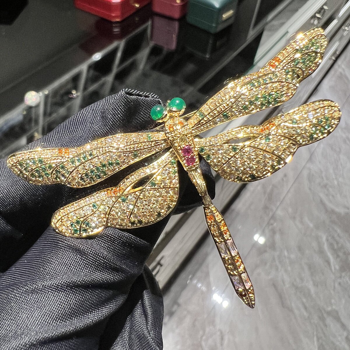 原创设计复古厚黄铜镀真金蜻蜓胸针昆虫别针胸花古董首饰高级配饰