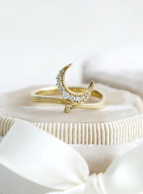 轻奢星月白锆石S925银镀金戒指