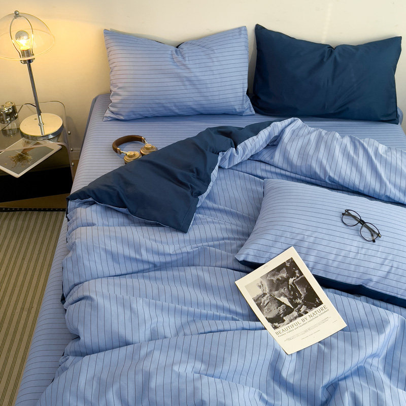 条纹四件套全棉纯棉床上用品被罩学生宿舍被套三件套床单人床笠款