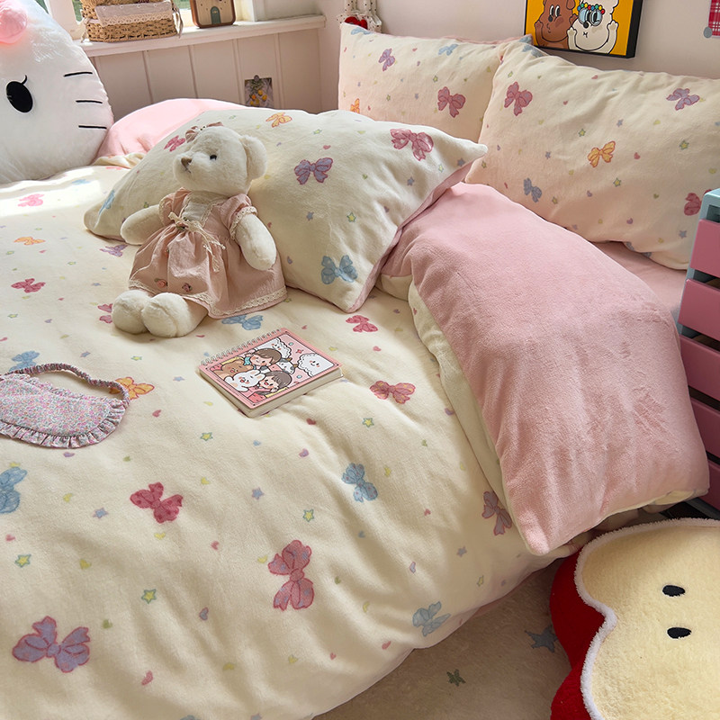 冬季牛奶绒四件套加绒加厚毛绒被套床单珊瑚绒学生宿舍床上三件套