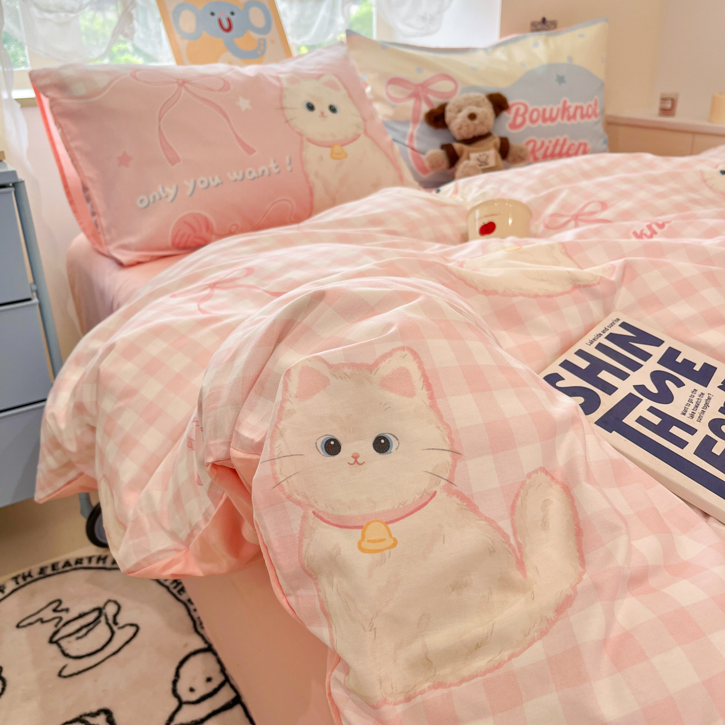 卡通猫咪纯棉四件套儿童女孩公主风印花卡通宿舍被套三5件套床笠