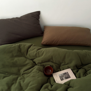 高端A母婴级双层皱皱纱纱四件套棉纱纯色混搭日式 床品 简床笠式