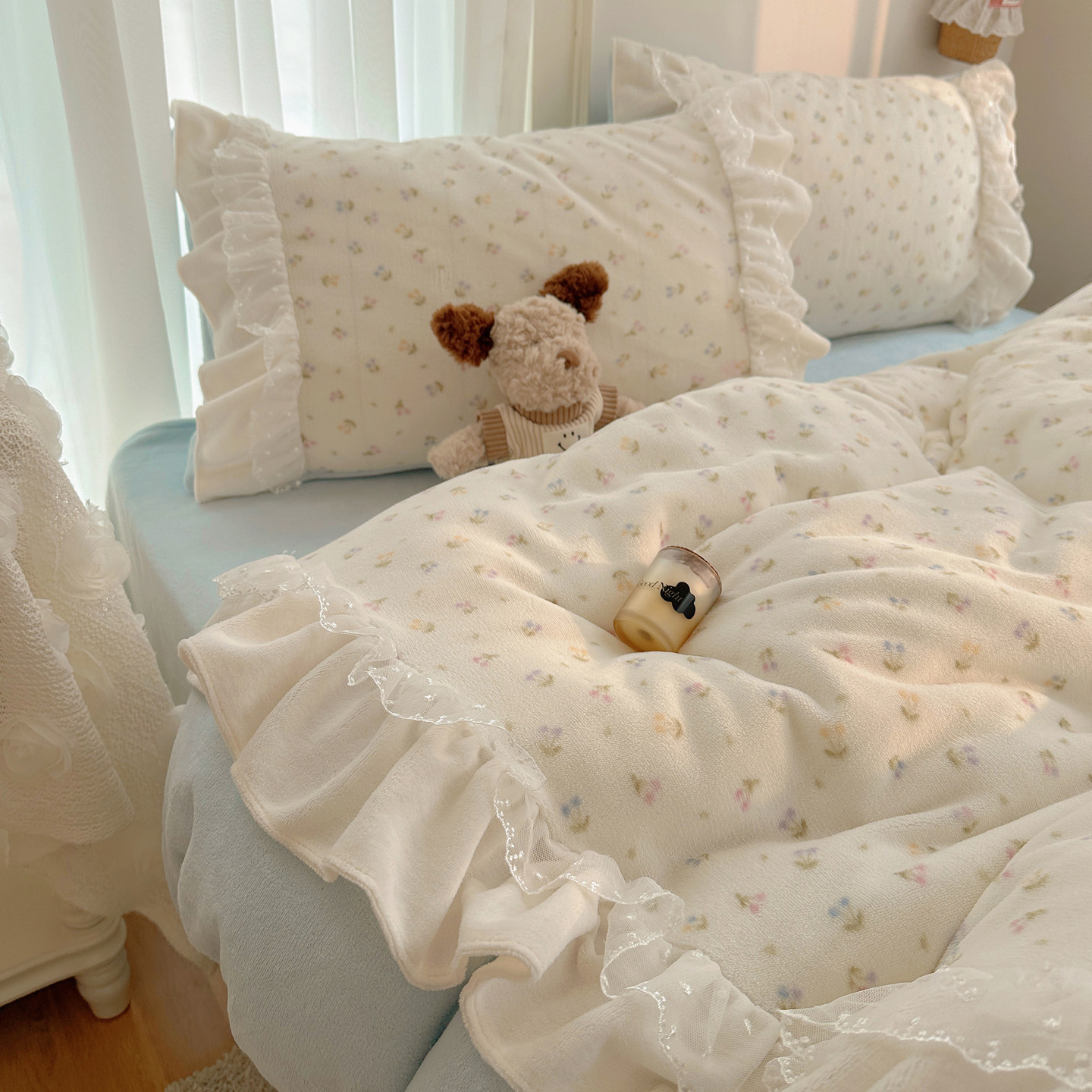 软糯糯韩系A类牛奶绒卡通花边四件套珊瑚绒被套床单床笠宿舍床品,床上用品,床品套件/四件套/多件套,淘宝优惠券,粉丝福利购,淘宝优惠卷