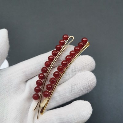 新中式天然红玛瑙一字边夹刘海卡子耳后侧夹本命年红火过年发饰品