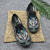 男龙图案刺绣民族风社会一脚蹬板鞋 花布鞋 平跟百搭 老北京款 春夏季