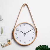 北欧实木挂钟客厅现代简约家用装 饰壁挂皮带原木质时钟表卧室创意