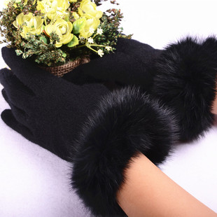 秋冬新款 女士针织兔羊毛手套 全分指 真兔口圈 保暖防寒手套