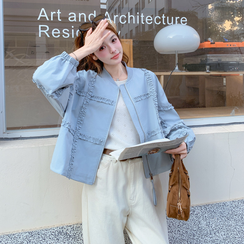 现货26春装新款蓝色木耳边外套XW9805P155K248，女装短外套，浙宝171