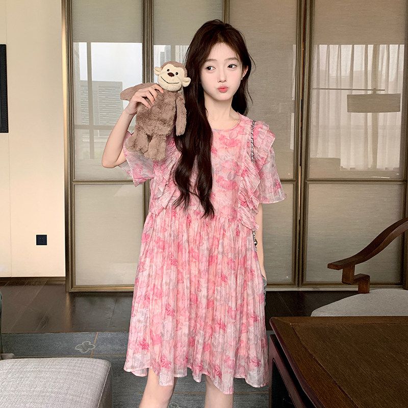 现货2026年夏装新款粉色印花连衣裙XW6987P115K178,女装连衣裙,浙宝171