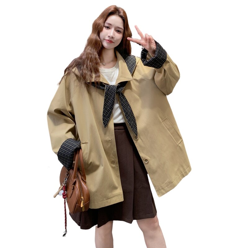 现货2026春新款格纹拼接帽子可拆卸卡其色风衣XW742P165K248,女装短外套,浙宝171