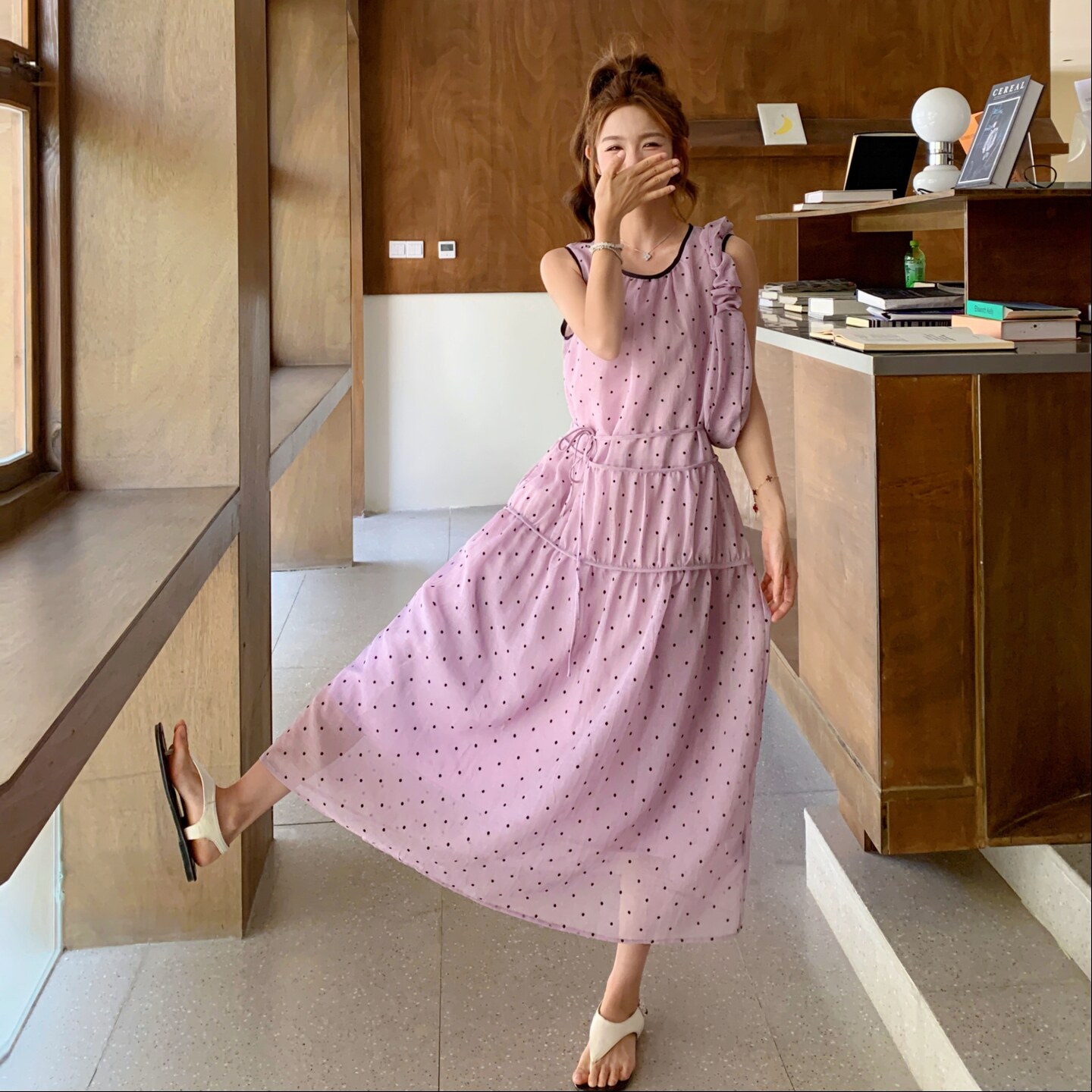 26夏新款紫色圆领波点A字洋气连衣裙（配包包）XW1126P155K238,女装连衣裙,浙宝171