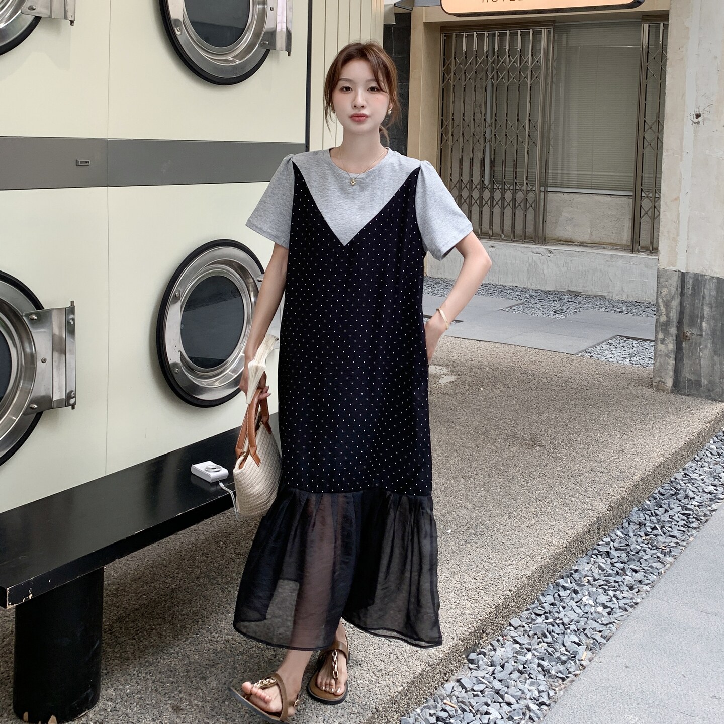 2026年夏新款韩系甜美减龄波点拼接连衣裙XW1102P130K198，女装连衣裙，浙宝171