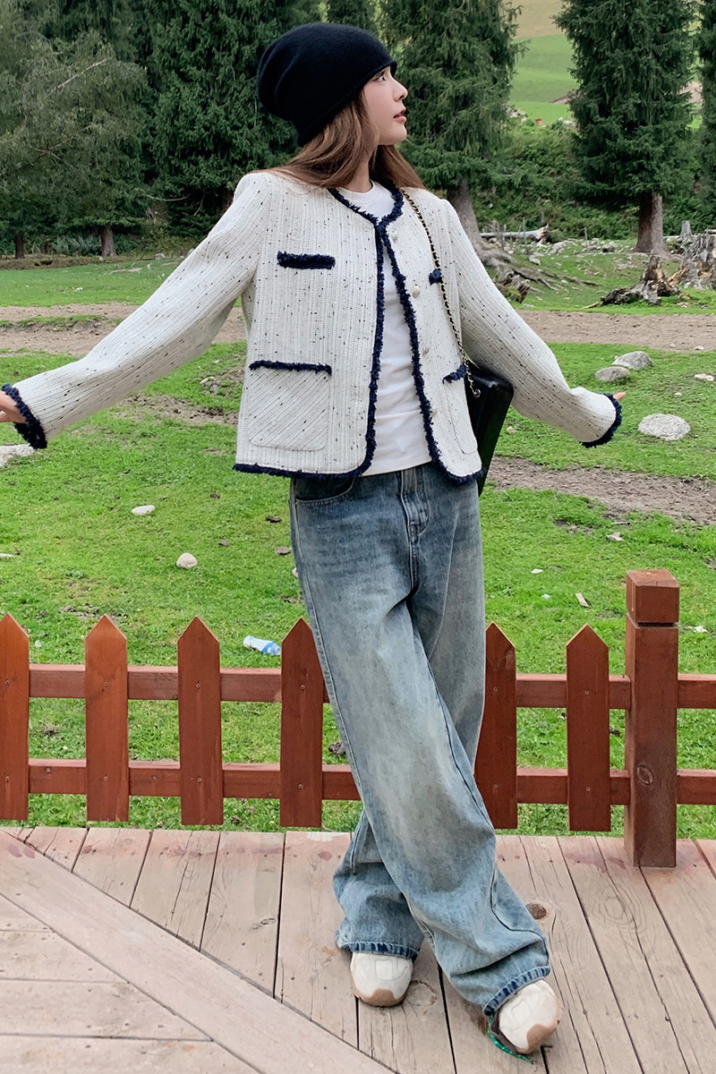 韩系氛围感编织粗花呢小香风外套女2024年春秋新款超好看短款上衣,女装短外套,浙宝171