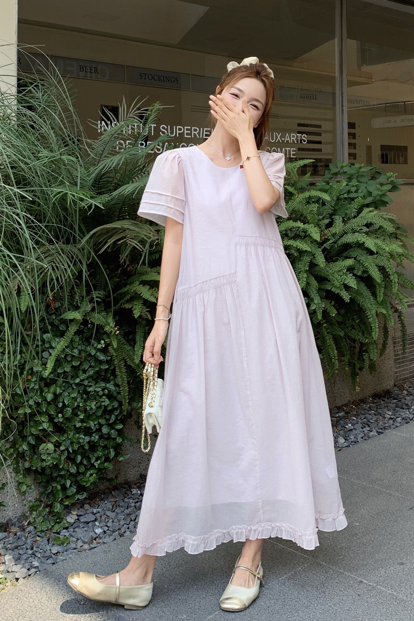 粉色超好看拼接法式连衣裙2025新款女夏简单大方小个子泡泡袖裙子,女装连衣裙,浙宝171