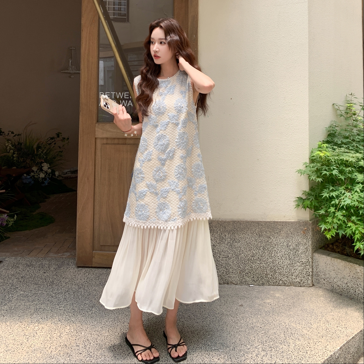 法式优雅贵气精致绣花拼接连衣裙女2025夏季新款气质感无袖A字裙，商品下架区商品下架区，浙宝171