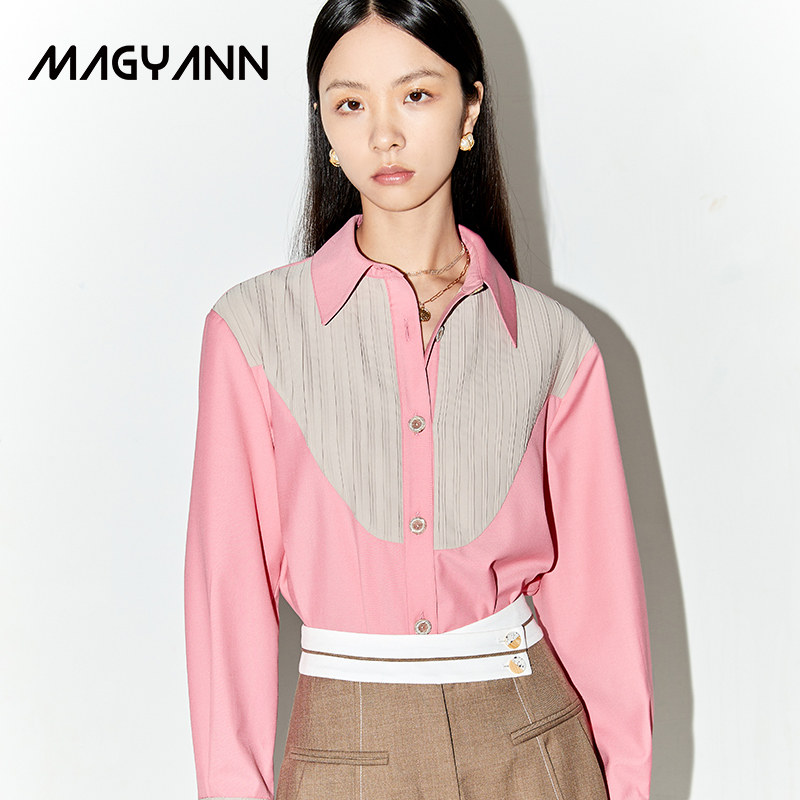 magyann【粉蔷薇】设计感拼接减龄粉色撞色休闲长袖衬衫女士