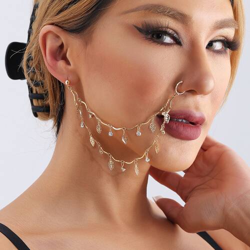 欧美跨境饰品 简约气质镂空树叶流苏免穿孔鼻饰 仿钻个性鼻钉鼻环