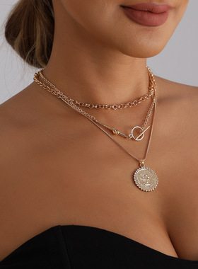 欧美跨境饰品复古经典人像信仰吊牌项链多层叠戴OT扣necklace颈链