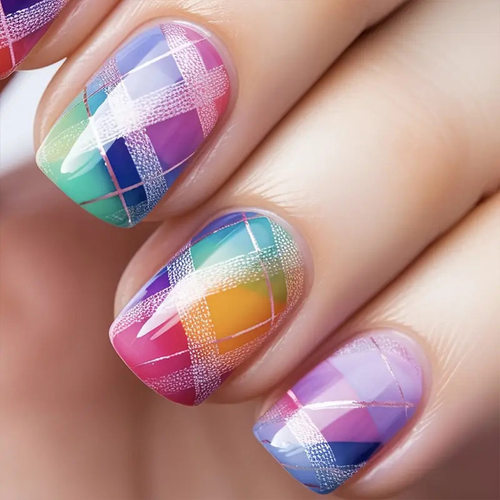 彩虹格纹渐变假指甲 欧美ins风美甲甲片 24片nails春夏穿戴甲