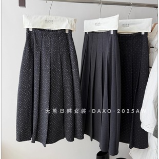韩国气质高级波点裙ins风甜美温柔淑女压褶满印花点毛呢百褶A字裙
