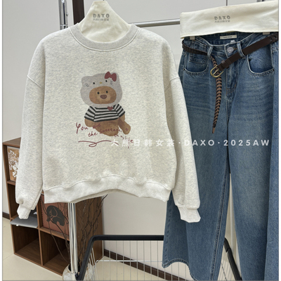 加绒圆领卡通KT猫小熊印花卫衣女