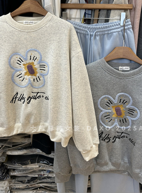 韩国东大门2025秋冬加绒新款圆领卫衣蓝色花朵刺绣宽松小个子女生