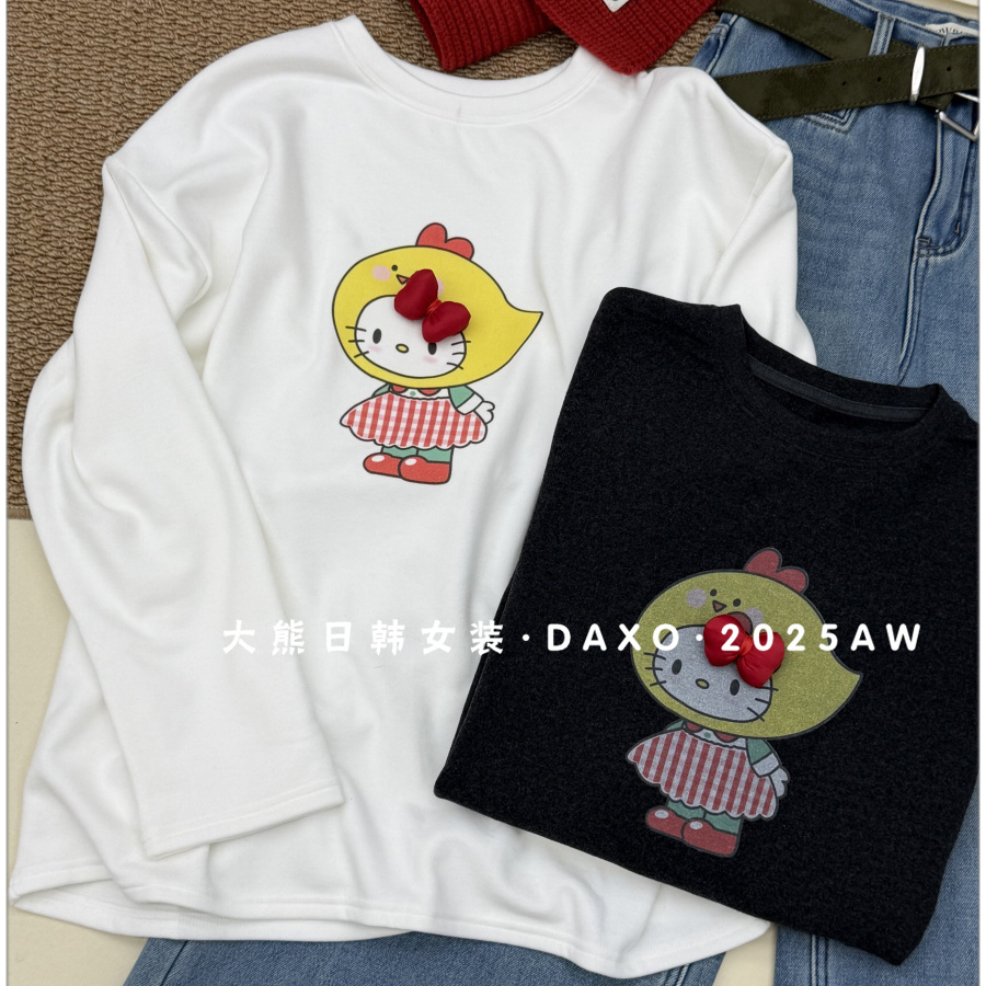 韩国磨毛加厚打底2025冬新款圆领长袖T恤可爱卡通kt猫印花宽松女t