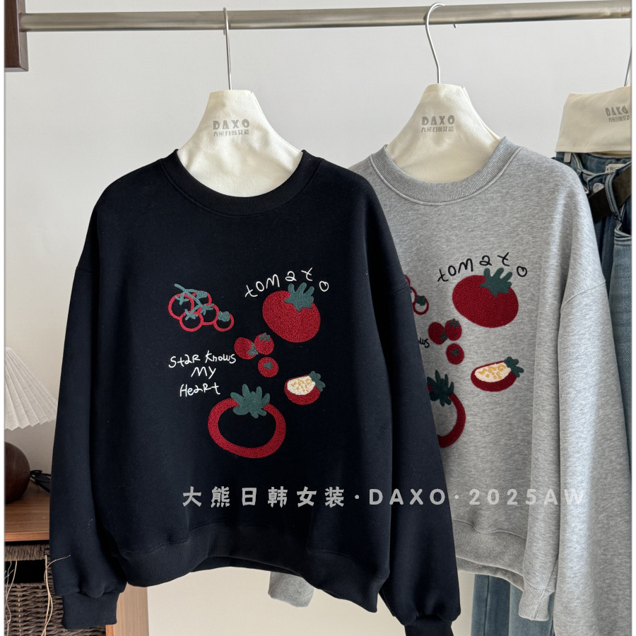 韩国ins风卡通刺绣圆领加绒卫衣