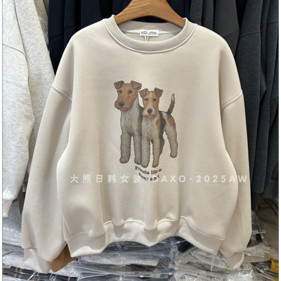 秋冬加绒卡通小狗印花圆领卫衣女