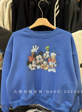 韩国正版同款卫衣25秋冬加绒新款圆领可爱卡通高飞米奇印花绒衫女