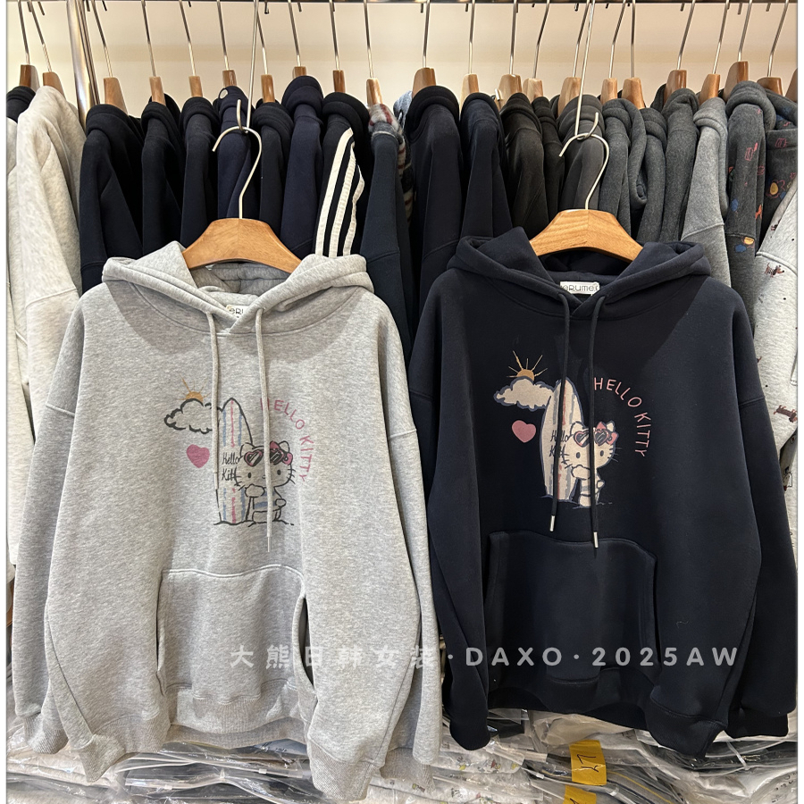 秋冬加绒KT猫印花宽松连帽卫衣女