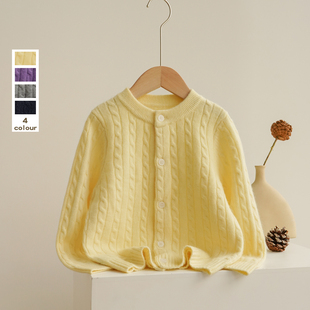 男女童山羊绒开衫圆领麻花百搭外套大中小童学院风针织毛衣双股厚