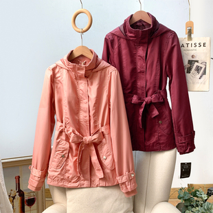 复古休闲通勤腰带收腰显瘦连帽风衣外套女秋 外贸单 无假期 人