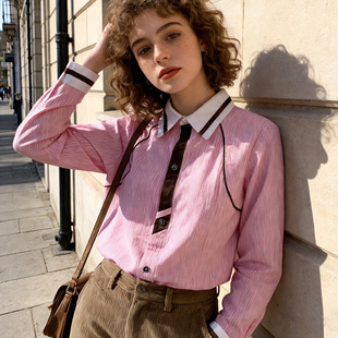 清晰减龄条纹衬衣女春夏 衬衫 公司单 复古英伦学院风长袖