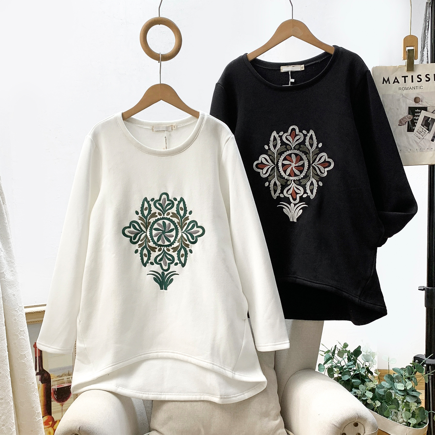 气质绣花中长款卫衣女冬款