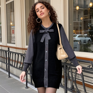 撤柜 针织衫 吊价1106 复古淑女蝴蝶结中长款 女秋 70羊毛衫 高货