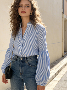 外贸单~时髦浪漫灯笼袖~春夏装通勤OL休闲百搭清新蓝色条纹衬衫女