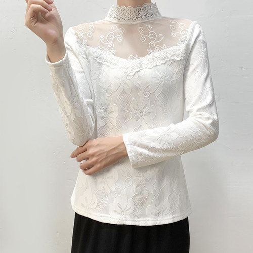 网纱立领加绒蕾丝长袖衬衫女秋