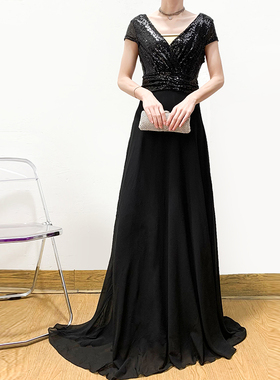 外贸单~亮闪闪星光璀璨奢华亮片晚礼服优雅V领无袖连衣裙拖地长裙