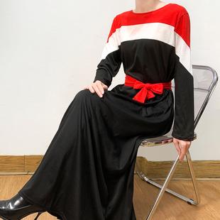 连衣裙A字裙女长裙春秋款 外贸单 复古时髦条纹拼色长袖 女装 大码