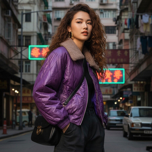 复古港风宽松薄棉衣夹克外套女秋冬 毛领 老货撤柜 vintage中古款