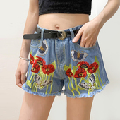 高腰港风超短显瘦牛仔裤 无假期 时髦绣花辣妹热裤 撤柜单 夏 人