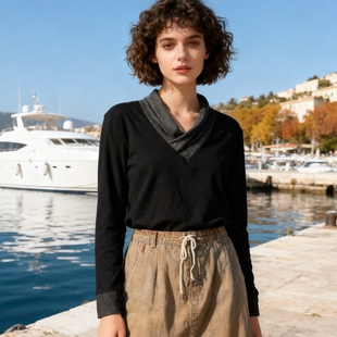 撤柜~vintage古着~年代复古V领长袖衬衫/修身上衣女春秋