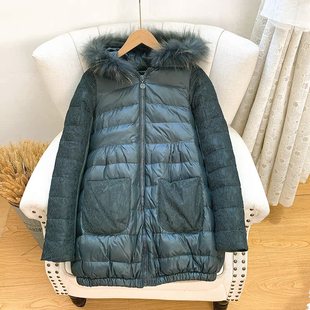 无假期 轻薄冬款 人 砖柜单 连帽毛领羽绒服女外套 90%白鸭绒